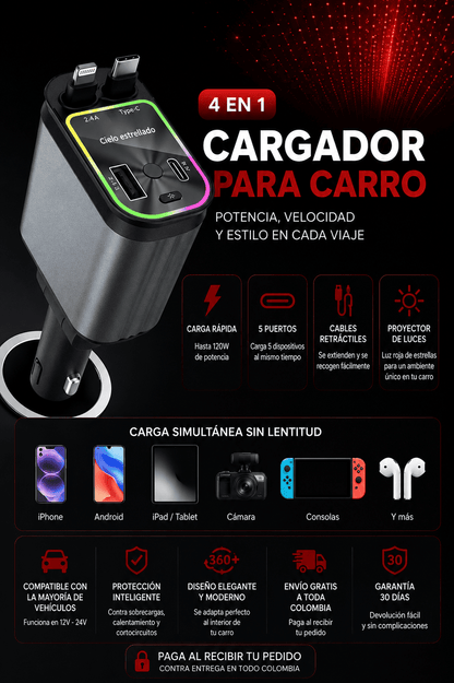Cargador Celular Carro 4en1 Proyector