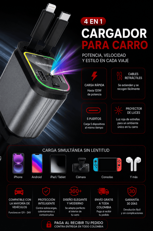 Cargador Celular Carro 4en1 Proyector