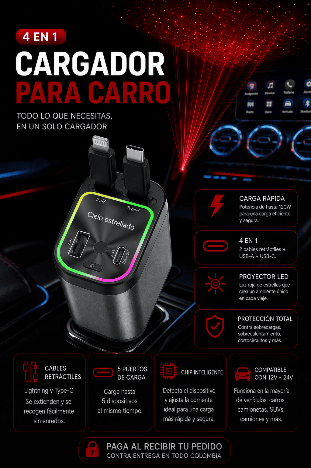 Cargador Celular Carro 4en1 Proyector